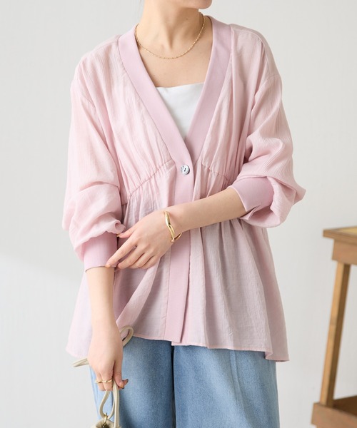 ブラウス シャツ 体型カバー/軽量/夏にも羽織れるギャザー切替シアーシャツカーディガン/WEB限定カラー展開 レディースの画像