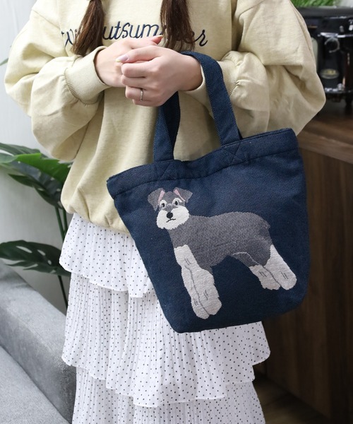キャラクター刺繍 2way トートバッグ グレー ブルー FUNALIVE（ファンアライブ） トートバッグ ワンワン＆にゃー トート