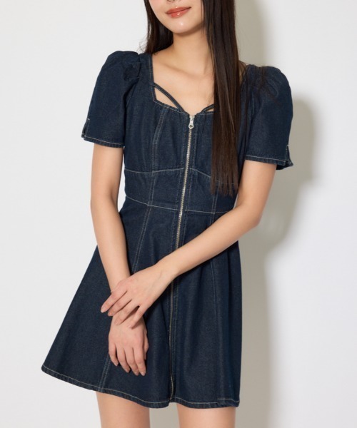 ワンピース 半袖 「SNSで話題」フロントジップマーメイドデニムミニワンピース　春服