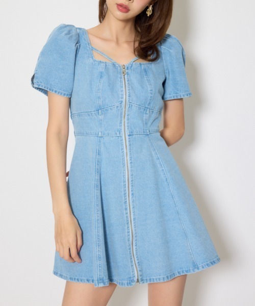 ワンピース 半袖 「SNSで話題」フロントジップマーメイドデニムミニワンピース　春服