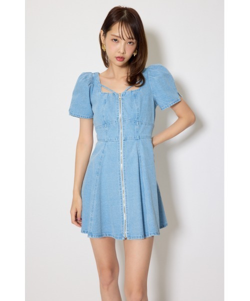 ワンピース 半袖 「SNSで話題」フロントジップマーメイドデニムミニワンピース　春服