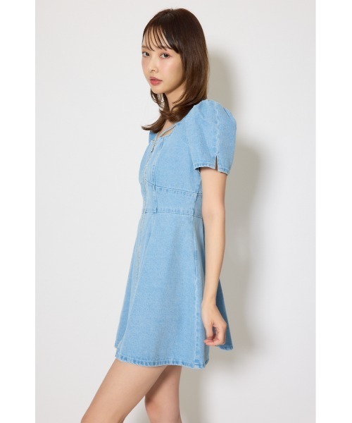 ワンピース 半袖 「SNSで話題」フロントジップマーメイドデニムミニワンピース　春服