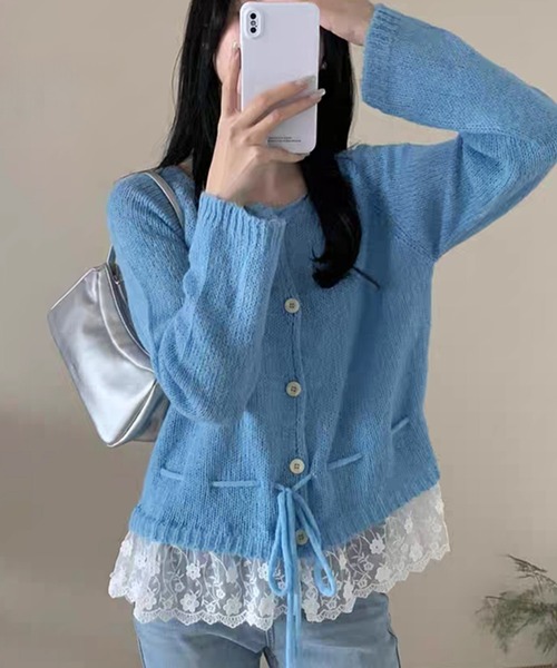 ブルーレース編みカーディガン　8部袖 Girly Doll（ガーリードール） カーディガン 裾レースレイヤード風