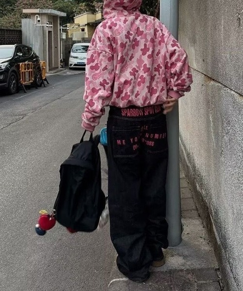 の*き様  デニムパンツ ジップデザイン ピンク Sibra（シブラ） ジーンズ デニム デニムパンツ 配色ステッチロゴ