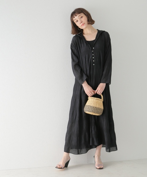 PLAGE リネンワンピース ドレス マキシ丈 黒 フリル 24ss コットン plage（プラージュ） 長袖ワンピース 36 ホワイト レディース