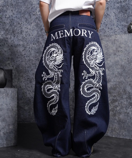 MEMORY ワイドパンツ ジーンズ 「MEMORY」ドラゴン刺繍デニムバレル