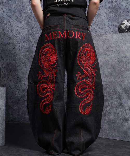 MEMORY ワイドパンツ ジーンズ 「MEMORY」ドラゴン刺繍デニムバレル