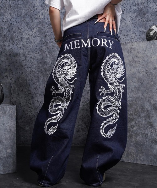 MEMORY ワイドパンツ ジーンズ 「MEMORY」ドラゴン刺繍デニムバレル