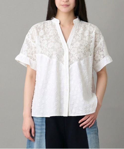 mien ブラウス シャツ 夏 半袖 「mien別注」花柄刺繍レースブラウス