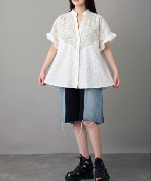 mien ブラウス シャツ 夏 半袖 「mien別注」花柄刺繍レースブラウス