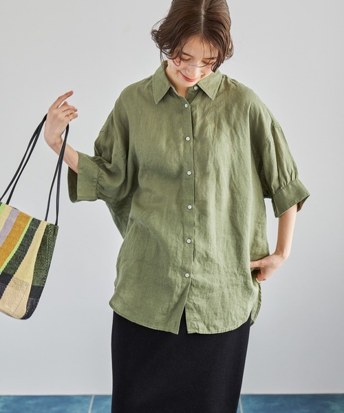 美品　outil リネンカシュクールブラウス　DARK GREEN 美品 outil リネンカシュクールブラウス DARK GREEN カシュクール