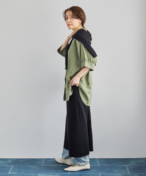 美品　outil リネンカシュクールブラウス　DARK GREEN studio CLIP（スタディオクリップ） リネンシャツ ブラウス シャツ