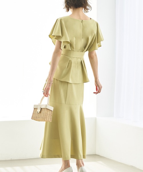 エレガントな黄色のフレア袖トップス、ロングスカートのセットアップ✨新品