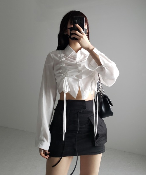 me+em select ダブルリボンシャーリングショートシアーシャツ ホワイト me+em select（ミームセレクト）の「【 3color 】ダブルリボン