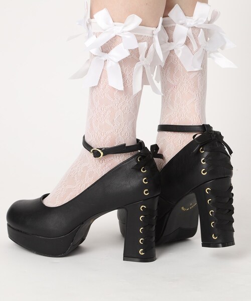 Lovilyn 厚底リボンレースストラップパンプス セール】厚底プラットフォームリボンストラップパンプス