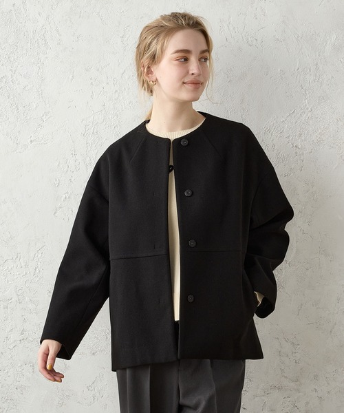 美品★24SS★BEAUTY&YOUTH★ショート丈ノーカラーコート★ウール★黒 LE SOUK HOLIDAY（ルスークホリデー） ノーカラーコート コート