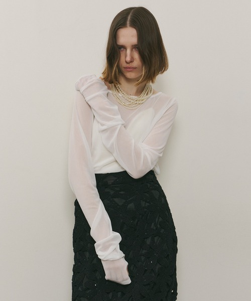 LA BELLE ETUDE tシャツ ロングスリーブボートネックシアーTOPS