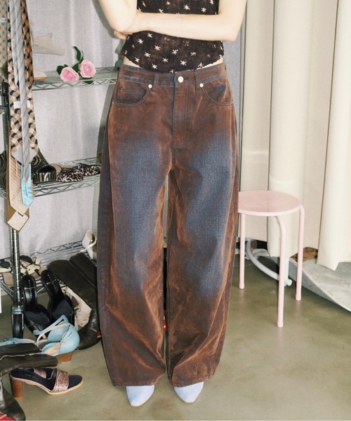 musubore フロッキーデニムパンツ レッド サイズ1 musubore（ムスボレ） ワイドパンツ ジーンズ デニム デニムパンツ
