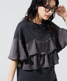 お値下げしました♡ビーズ装飾 濃紺 半袖Tシャツ フリルデザイン セール】裾フリル ピグメントTシャツ/切替デザインTシャツ