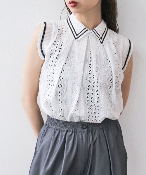 ブラウス シャツ レース刺繍ノースリブラウス レディース