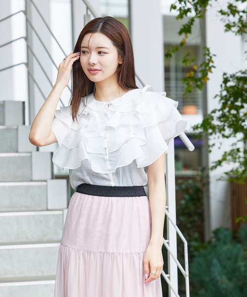 ブラウス シャツ ラッフルフリルパールボタンブラウス　夏服　ノースリーブ　シアー レディース