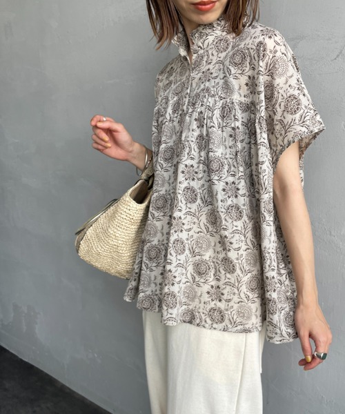 SOIL花柄フレンチスリーブシャツ SOIL/ソイル] コットンボイル 2トーンフラワープリント フリル