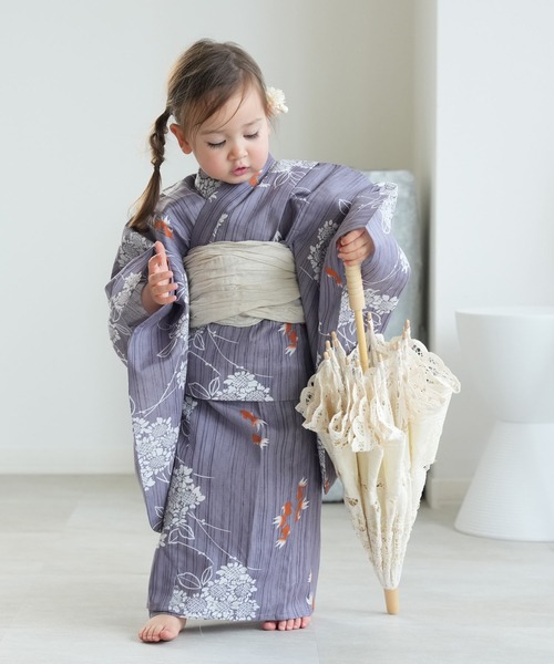 浴衣6点セット [にぃ] utatane 浴衣 キッズ浴衣3点セット ニコアンティーク かすれ藤色