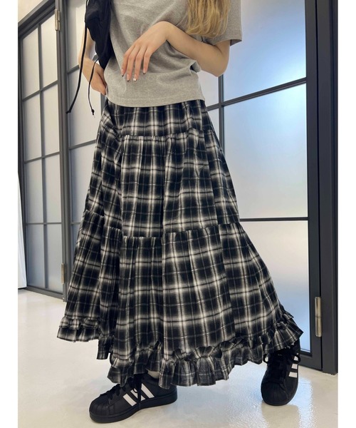 WC スカート オンブレチェックティアードロングスカート : ZOZOTOWN