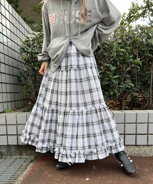 ✨美品✨慈雨　立体切替　コクーン　ロングスカート　マキシ丈　チェック柄　日本製 WC スカート オンブレチェックティアードロングスカート : ZOZOTOWN