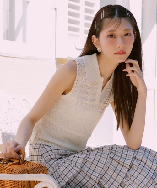 ニット セーター 「AKB48 千葉恵里さん着用」スキッパークロシェニットトップス 夏服 サマーニット ノースリーブトップス レディース
