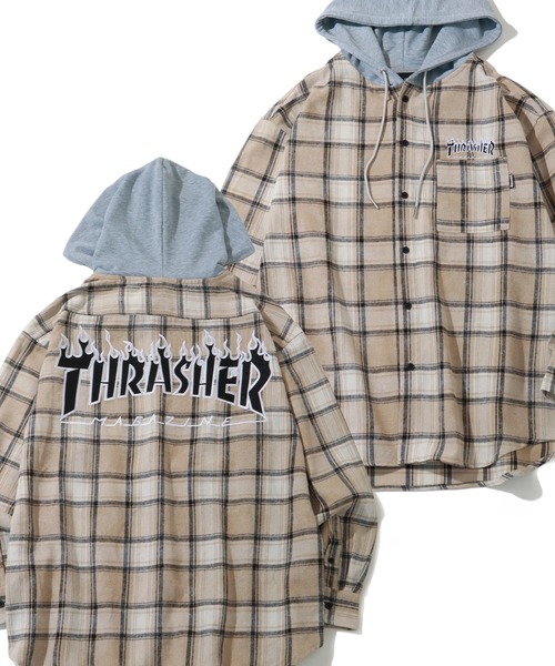 THRASHER（スラッシャー） シャツ フード付き ワンポイントロゴ ロング