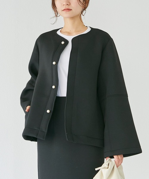 「INCEDE」 ノーカラージャケット 3L ベージュ レディース_画像2