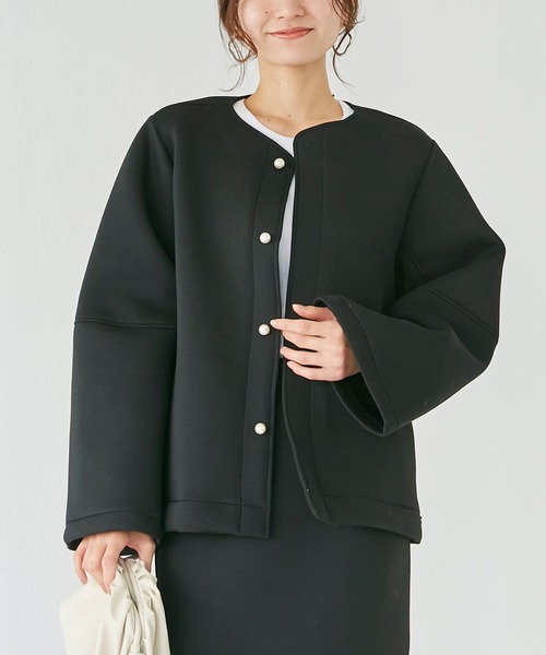 「INCEDE」 ノーカラージャケット 3L ベージュ レディース_画像3