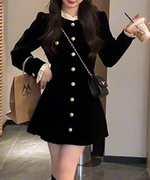 ワンピース ゴールドボタン ベロア調ミニワンピース / 韓国 Y2K ベロア調 ダブルブレスト | lulufa