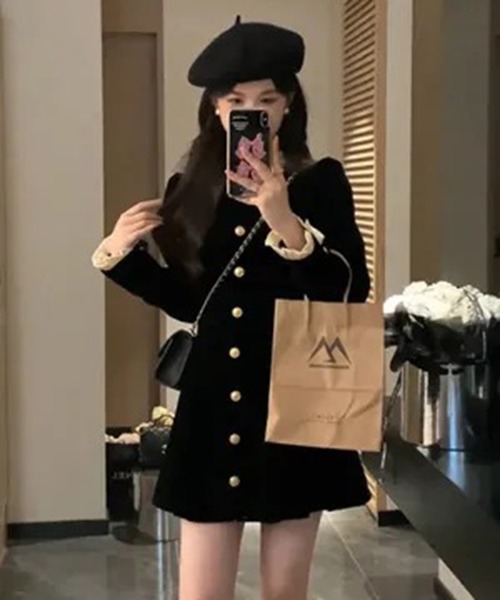 ワンピース ゴールドボタン ベロア調ミニワンピース / 韓国 Y2K ベロア調 ダブルブレスト | lulufa | 02