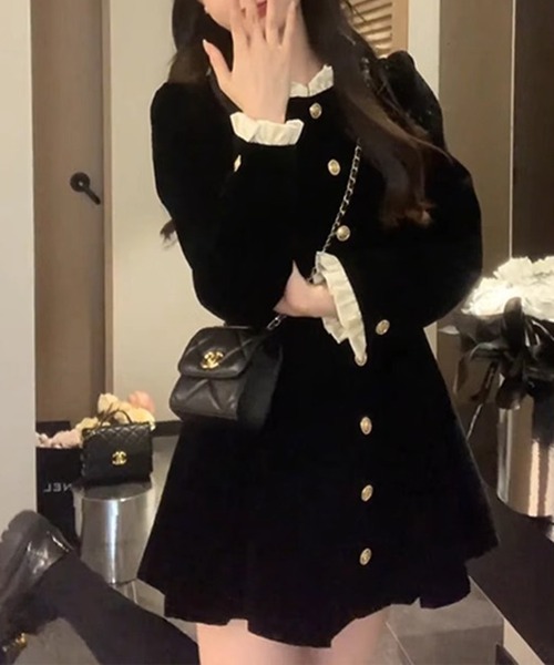 ワンピース ゴールドボタン ベロア調ミニワンピース / 韓国 Y2K ベロア調 ダブルブレスト | lulufa | 03