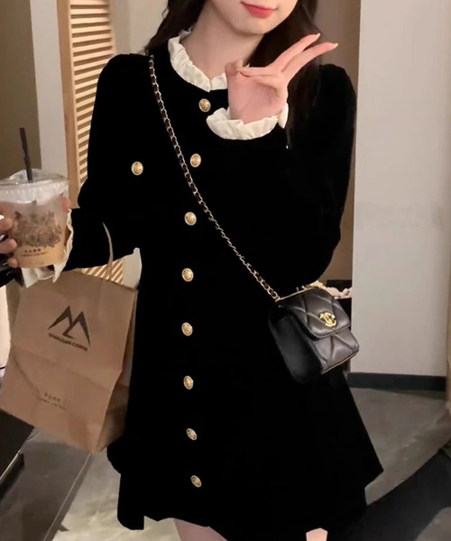 ワンピース ゴールドボタン ベロア調ミニワンピース / 韓国 Y2K ベロア調 ダブルブレスト | lulufa | 04