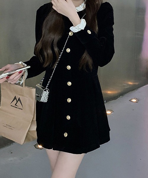 ワンピース ゴールドボタン ベロア調ミニワンピース / 韓国 Y2K ベロア調 ダブルブレスト | lulufa | 05