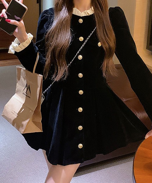 ワンピース ゴールドボタン ベロア調ミニワンピース / 韓国 Y2K ベロア調 ダブルブレスト | lulufa | 06