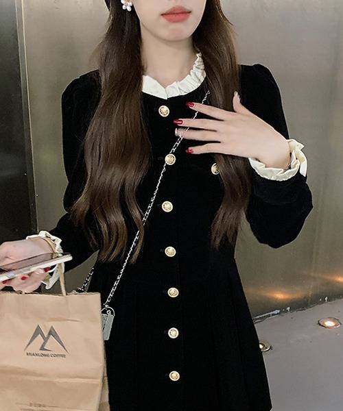 ワンピース ゴールドボタン ベロア調ミニワンピース / 韓国 Y2K ベロア調 ダブルブレスト | lulufa | 07