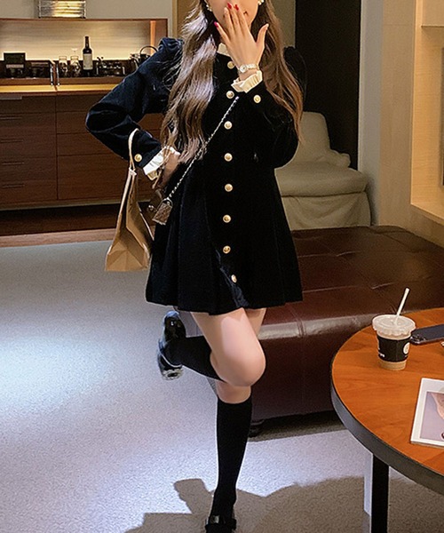 ワンピース ゴールドボタン ベロア調ミニワンピース / 韓国 Y2K ベロア調 ダブルブレスト | lulufa | 09