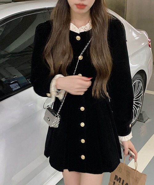 ワンピース ゴールドボタン ベロア調ミニワンピース / 韓国 Y2K ベロア調 ダブルブレスト | lulufa | 08