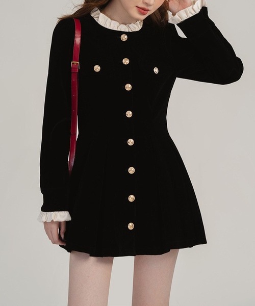 ワンピース ゴールドボタン ベロア調ミニワンピース / 韓国 Y2K ベロア調 ダブルブレスト | lulufa | 10