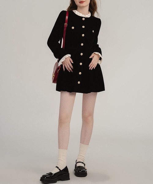 ワンピース ゴールドボタン ベロア調ミニワンピース / 韓国 Y2K ベロア調 ダブルブレスト | lulufa | 13