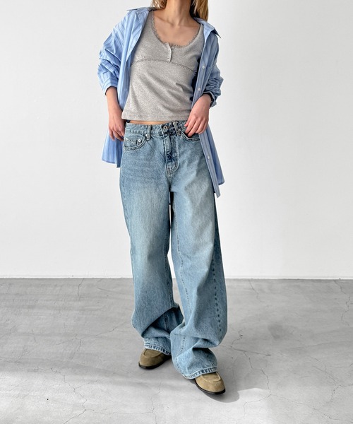 ワイドパンツ ジーンズ デニム デニムパンツ El mar　ローウエストワイドレッグデニムパンツ 601 レディースの画像