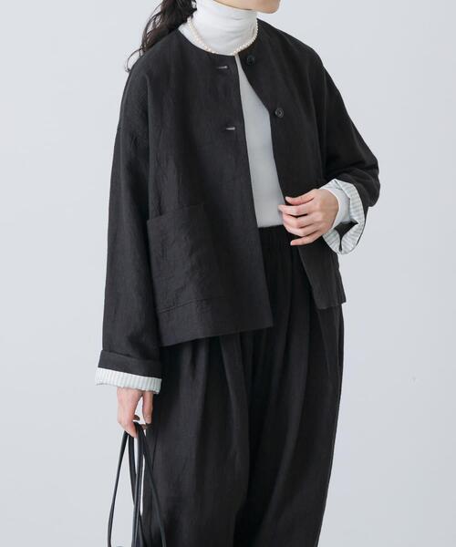 【美品】Lisette リネンジャケット 麻100% 黒ジャケット リネンコート earth_eco_loco ノーカラージャケット レディース 9番手 ヴィンテージ