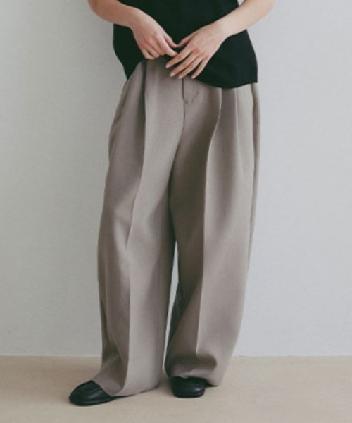 ワイドパンツ パンツ ダブルクロスハイウエストタックパンツ レディースの画像