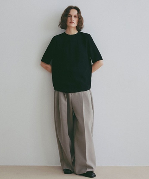 ワイドパンツ パンツ ダブルクロスハイウエストタックパンツ レディースの画像