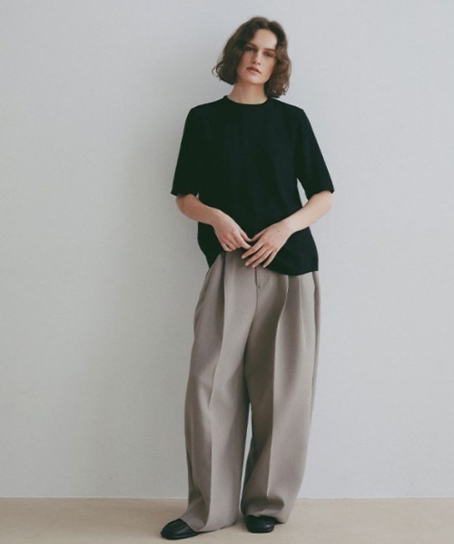 ワイドパンツ パンツ ダブルクロスハイウエストタックパンツ レディースの画像