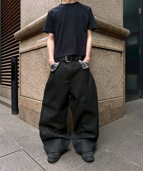 kindame★ヒップ ボリュームアップ ワイドベルト ブラックデニム kutir（クティール） ワイドパンツ ジーンズ POCKET FLAP DESIGN RIGID
